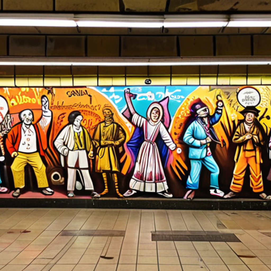 ** A vibrant graffiti mural inside a subway station, showcasing local Lisbon culture and history. Capture the colorful and dynamic energy of urban art, focusing on historical figures and symbols.

**