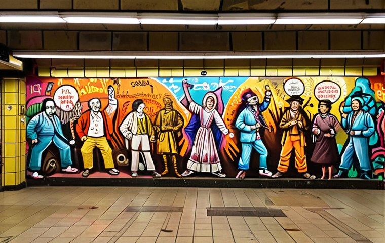 ** A vibrant graffiti mural inside a subway station, showcasing local Lisbon culture and history. Capture the colorful and dynamic energy of urban art, focusing on historical figures and symbols.
**