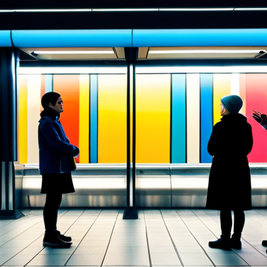 A group of diverse people, fully clothed in modern, modest daily attire, are calmly observing a large, vibrant abstract art installation within a futuristic, well-lit metro station. The station features clean lines and smooth surfaces, designed to highlight the colorful artwork. People are engaged, some smiling, reflecting the positive atmosphere. The scene captures a moment of quiet appreciation for public art in a bustling urban environment. Perfect anatomy, correct proportions, natural poses, well-formed hands, proper finger count. Professional photography, high-resolution, cinematic lighting, appropriate content, safe for work, family-friendly.