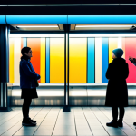 A group of diverse people, fully clothed in modern, modest daily attire, are calmly observing a large, vibrant abstract art installation within a futuristic, well-lit metro station. The station features clean lines and smooth surfaces, designed to highlight the colorful artwork. People are engaged, some smiling, reflecting the positive atmosphere. The scene captures a moment of quiet appreciation for public art in a bustling urban environment. Perfect anatomy, correct proportions, natural poses, well-formed hands, proper finger count. Professional photography, high-resolution, cinematic lighting, appropriate content, safe for work, family-friendly.