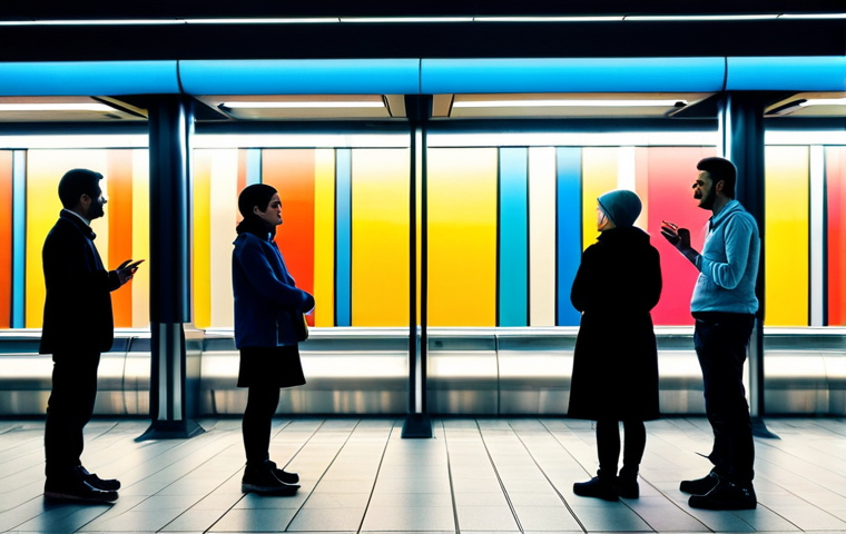A group of diverse people, fully clothed in modern, modest daily attire, are calmly observing a large, vibrant abstract art installation within a futuristic, well-lit metro station. The station features clean lines and smooth surfaces, designed to highlight the colorful artwork. People are engaged, some smiling, reflecting the positive atmosphere. The scene captures a moment of quiet appreciation for public art in a bustling urban environment. Perfect anatomy, correct proportions, natural poses, well-formed hands, proper finger count. Professional photography, high-resolution, cinematic lighting, appropriate content, safe for work, family-friendly.