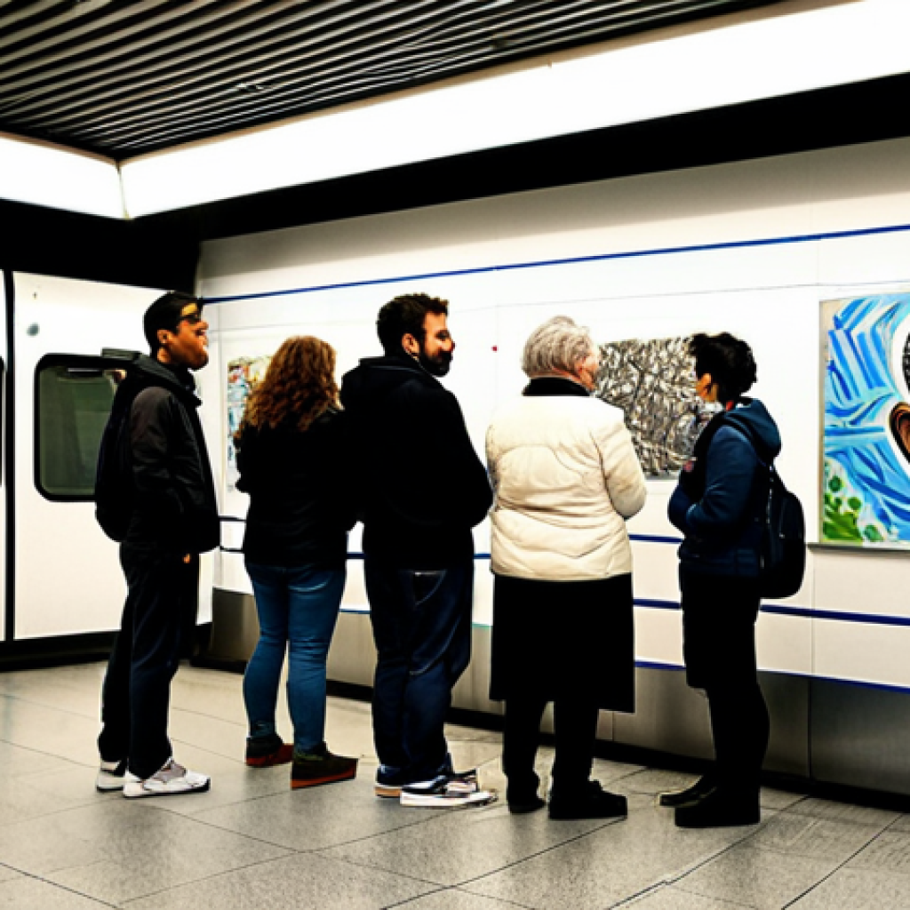 Metro Passengers Admiring Art**

A diverse group of metro passengers in Porto, Portugal, fully clothed, are admiring a series of art installations in the station. The art includes graffiti art, sculptures, and photography, reflecting various artistic styles. The atmosphere is positive and engaging, with people of all ages appreciating the creative expressions. Safe for work, appropriate content, fully clothed, professional, modest, family-friendly. Perfect anatomy, correct proportions, natural pose, well-formed hands, proper finger count, natural body proportions, high resolution, realistic lighting.