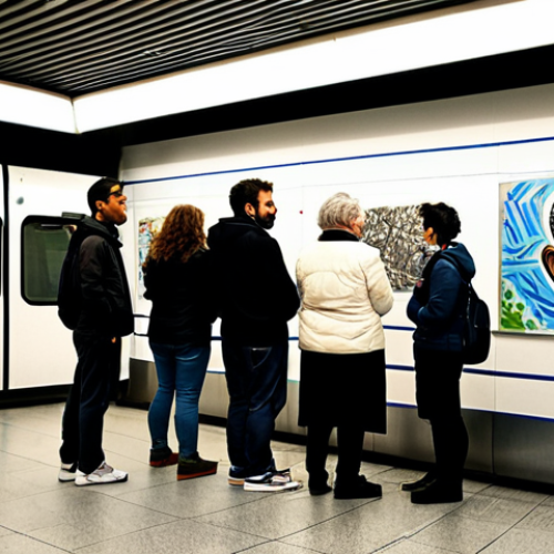 Metro Passengers Admiring Art**

A diverse group of metro passengers in Porto, Portugal, fully clothed, are admiring a series of art installations in the station. The art includes graffiti art, sculptures, and photography, reflecting various artistic styles. The atmosphere is positive and engaging, with people of all ages appreciating the creative expressions. Safe for work, appropriate content, fully clothed, professional, modest, family-friendly. Perfect anatomy, correct proportions, natural pose, well-formed hands, proper finger count, natural body proportions, high resolution, realistic lighting.