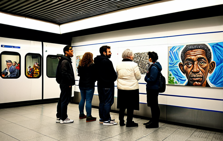 Metro Passengers Admiring Art**

A diverse group of metro passengers in Porto, Portugal, fully clothed, are admiring a series of art installations in the station. The art includes graffiti art, sculptures, and photography, reflecting various artistic styles. The atmosphere is positive and engaging, with people of all ages appreciating the creative expressions. Safe for work, appropriate content, fully clothed, professional, modest, family-friendly. Perfect anatomy, correct proportions, natural pose, well-formed hands, proper finger count, natural body proportions, high resolution, realistic lighting.