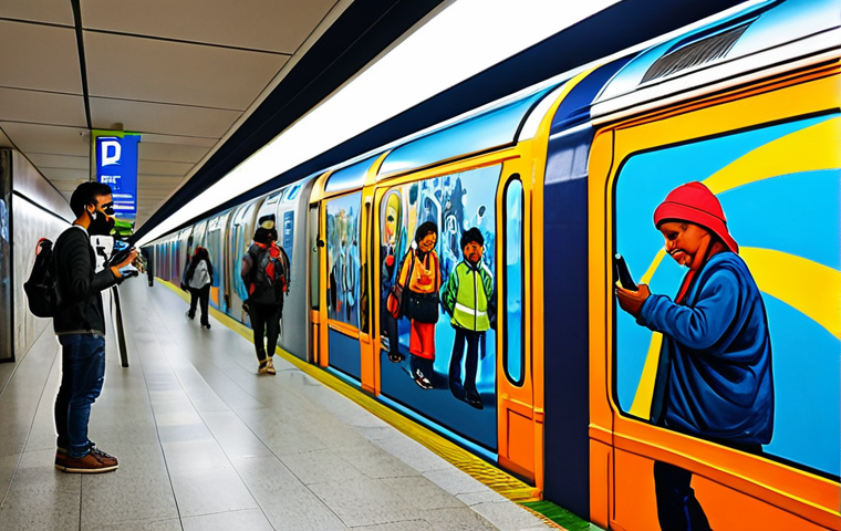 Digital Art Preservation**

"A brightly lit metro station hallway. A photographer with professional equipment carefully documents a vibrant mural painted on the station wall.  The mural depicts scenes of Brazilian culture with vivid colors and dynamic figures.  Other commuters are visible in the background, some using their smartphones to capture images of the art.  Focus on the photographer's dedication and the transient nature of the artwork.  safe for work, appropriate content, fully clothed, professional photography, perfect anatomy, natural proportions, family-friendly."

**