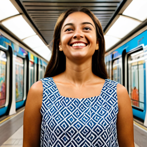**Subject:** A woman in a vibrant, modest sundress, inspired by the art in the Lisbon Metro.
    **Environment:** Standing on a clean, well-lit Lisbon Metro platform, surrounded by colorful azulejo-inspired murals depicting historical scenes and abstract patterns.
    **Details:** The murals are in focus, showcasing intricate details and vibrant colors. The woman is smiling slightly, looking up at the artwork.
    **Modifiers:** professional photography, high resolution, perfect anatomy, correct proportions, natural pose, fully clothed, appropriate attire, safe for work, family-friendly, modest.