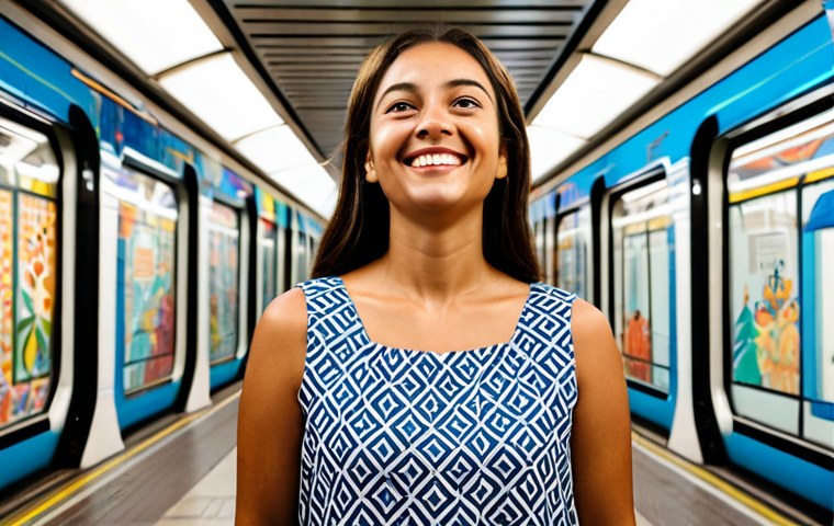 **Subject:** A woman in a vibrant, modest sundress, inspired by the art in the Lisbon Metro.
    **Environment:** Standing on a clean, well-lit Lisbon Metro platform, surrounded by colorful azulejo-inspired murals depicting historical scenes and abstract patterns.
    **Details:** The murals are in focus, showcasing intricate details and vibrant colors. The woman is smiling slightly, looking up at the artwork.
    **Modifiers:** professional photography, high resolution, perfect anatomy, correct proportions, natural pose, fully clothed, appropriate attire, safe for work, family-friendly, modest.