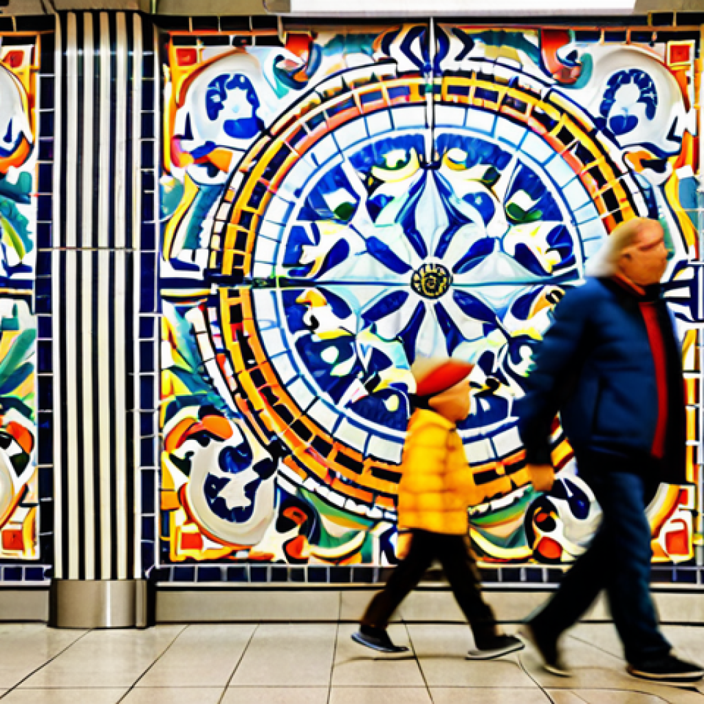 지하철 예술 문화 행사 - **Prompt:** "A vibrant and colorful mosaic art installation in a Lisbon Metro station, depicting tra...