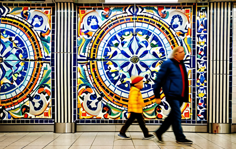 지하철 예술 문화 행사 - **Prompt:** "A vibrant and colorful mosaic art installation in a Lisbon Metro station, depicting tra...