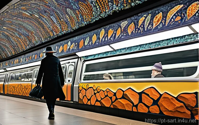 지하철 아트와 미술 교육 - **Prompt:** A bustling Lisbon subway station, where the walls are entirely covered in intricate trad...