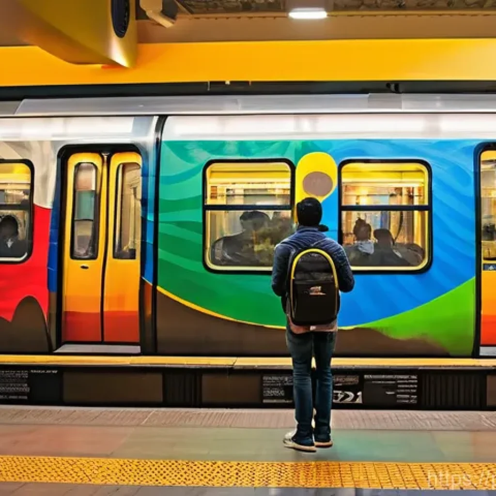 지하철 아트와 미디어 아트 - **Vibrant Metro Station as an Art Gallery**: A bustling, modern metro station in a large city, trans...