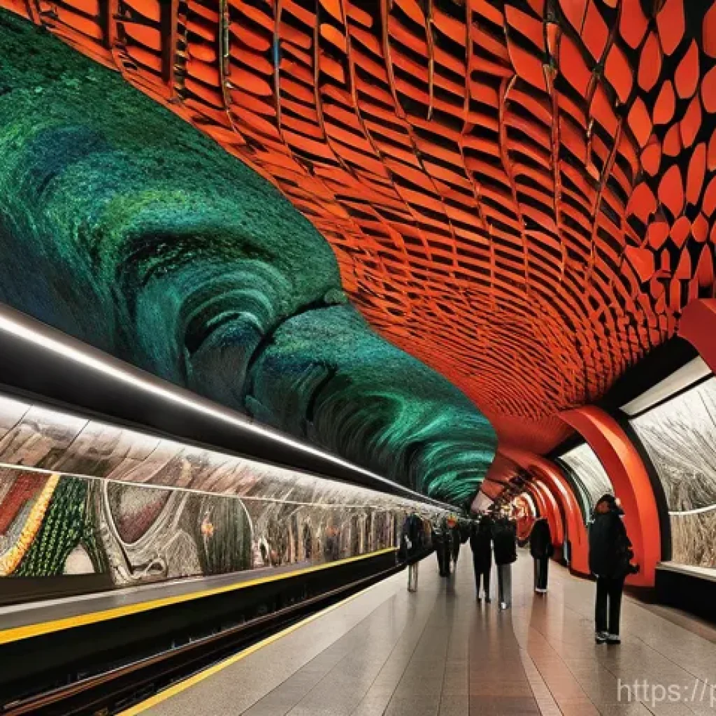 지하철 아트 스토리 - **"The Subterranean Art Cavern of Stockholm"**
    A wide-angle, panoramic view inside a fantastical...
