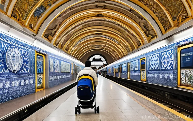 지하철 아트 갤러리 투어 - **Prompt:** A bustling interior of a Lisbon Metro station platform, showcasing a magnificent, expans...