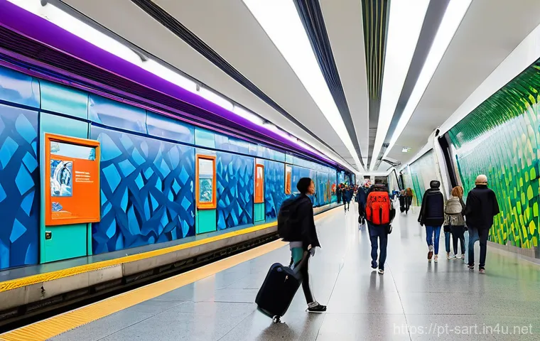 지하철 아트 갤러리 투어 - **Prompt:** A bustling interior of a Lisbon Metro station platform, showcasing a magnificent, expans...