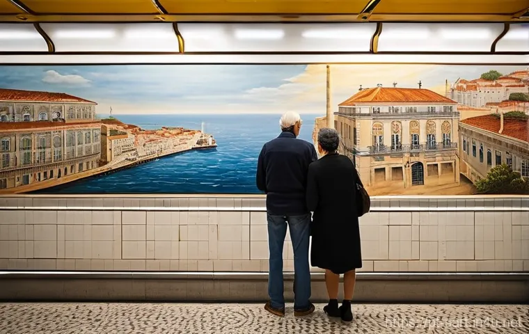 지하철 아트 갤러리 투어 - **Prompt:** A vibrant and dynamic contemporary art installation within a modern Lisbon Metro station...
