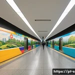 지하철 아트와 기능적 디자인 - A vibrant São Paulo metro station interior featuring large colorful murals reflecting local Brazilia...