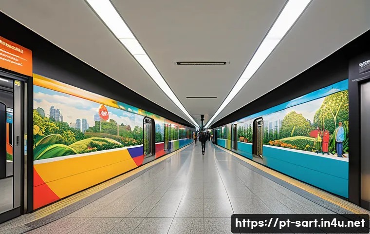 지하철 아트와 기능적 디자인 - A vibrant São Paulo metro station interior featuring large colorful murals reflecting local Brazilia...