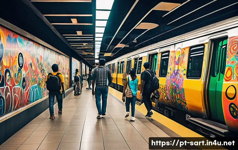 지하철 아트와 여행 - A vibrant metro station interior in São Paulo, showcasing colorful graffiti murals by the Os Gêmeos ...