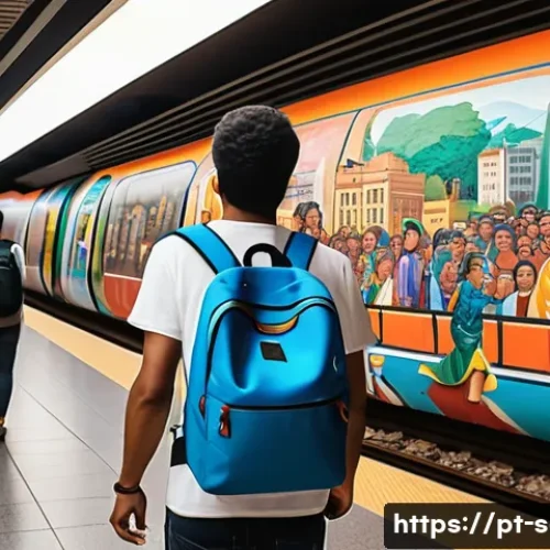 지하철 아트와 문화를 잇는 다리 - A vibrant urban metro station in São Paulo featuring large colorful murals that depict the city's di...