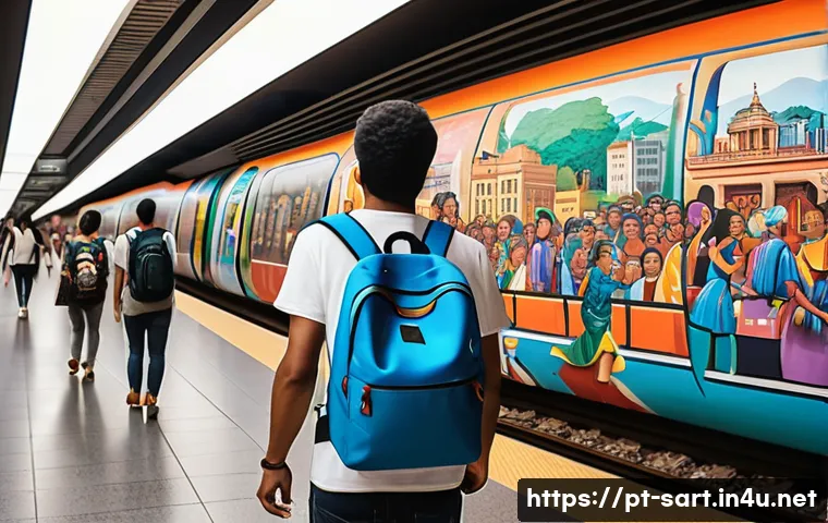 지하철 아트와 문화를 잇는 다리 - A vibrant urban metro station in São Paulo featuring large colorful murals that depict the city's di...