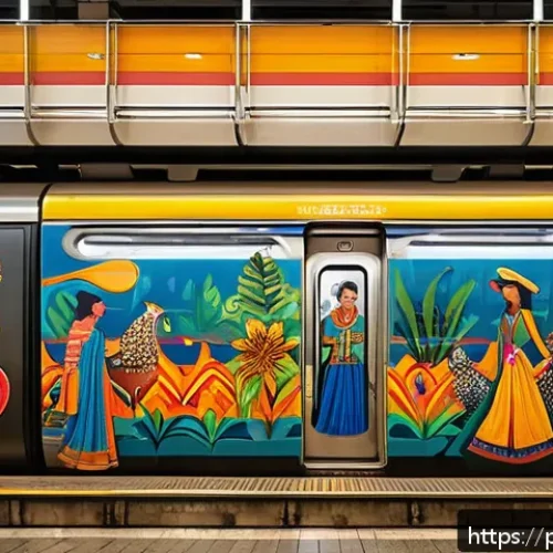 지하철 아트의 사회적 영향 - A vibrant metro station mural in S&atilde;o Paulo featuring colorful depictions of traditional Brazilian fe...