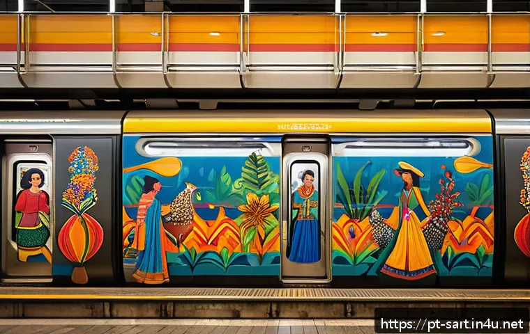 지하철 아트의 사회적 영향 - A vibrant metro station mural in São Paulo featuring colorful depictions of traditional Brazilian fe...