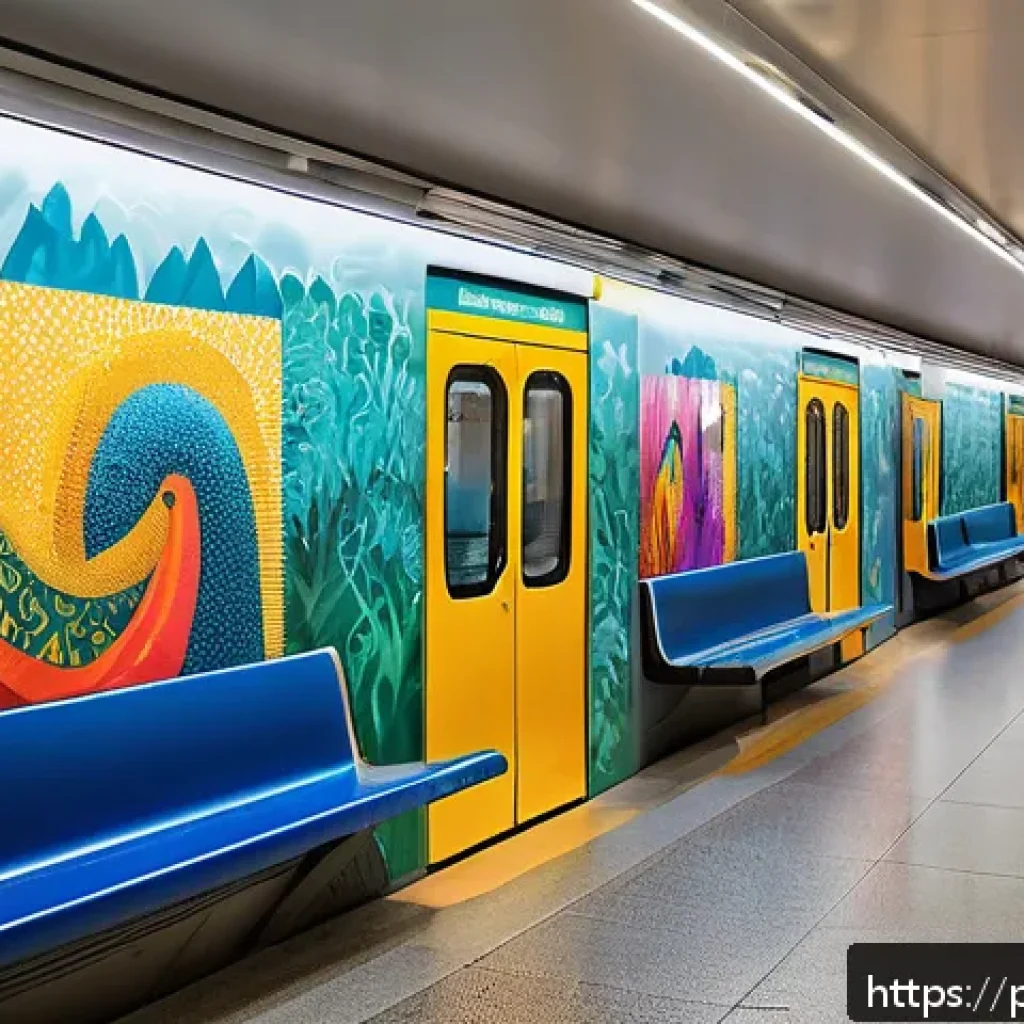 서울 지하철 예술 지도 - A vibrant underground metro station featuring large colorful murals and contemporary sculptures crea...