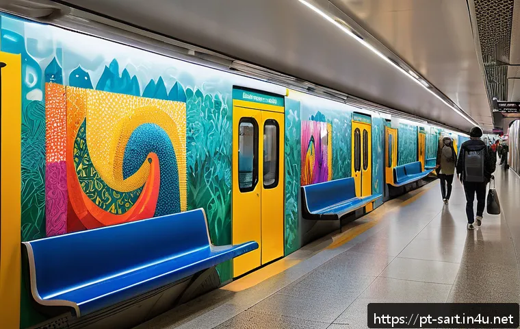 서울 지하철 예술 지도 - A vibrant underground metro station featuring large colorful murals and contemporary sculptures crea...